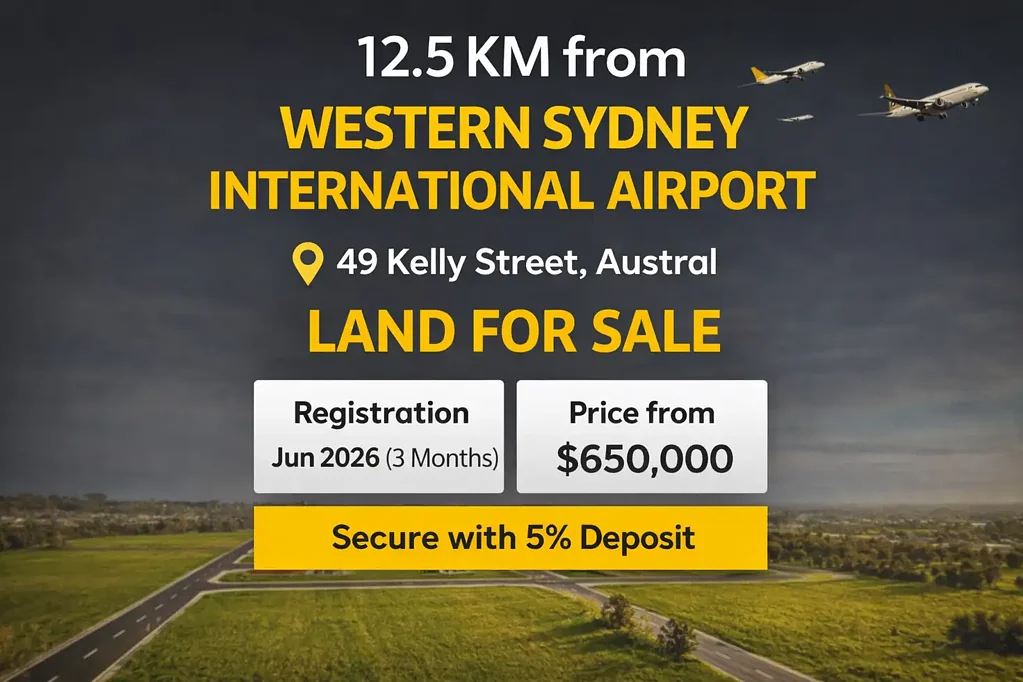Austral 4房 优质土地，首次置业者首选  地处繁华地段，购物村即将开设  邻近Al-Faisal学院，教育资源丰富  未来发展潜力巨大，投资者必看  便捷交通，生活便利舒适  打造梦想家园，空间自由发挥  不容错过的投资机会，立即行动 Land Investment Just Minutes from Sydney's New Airport