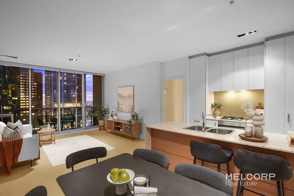 Melbourne 2房 Milano 27楼转角公寓 东向采光充足 2卧2卫带化妆室 现代厨房木地板 私人阳台CBD景 安全车位 游泳池健身房 Spacious Corner Apartment with Car Space & Premium Facilities in Milano