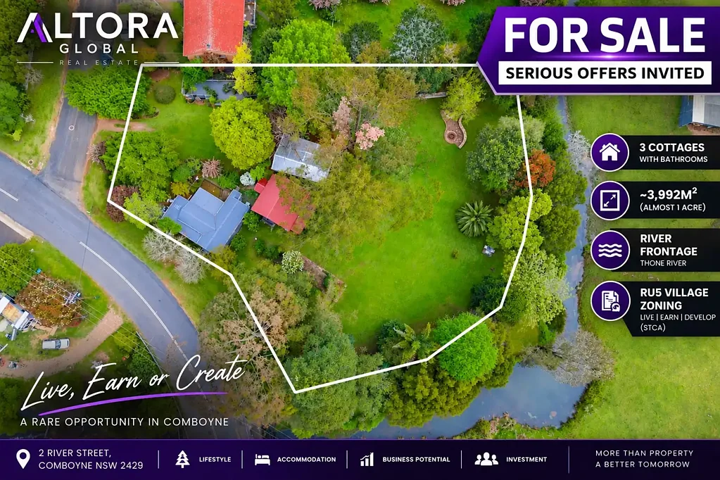 Comboyne 2房  THREE COTTAGES + 1 ACRE + RIVER FRONTAGE | LIVE, EARN OR CREATE