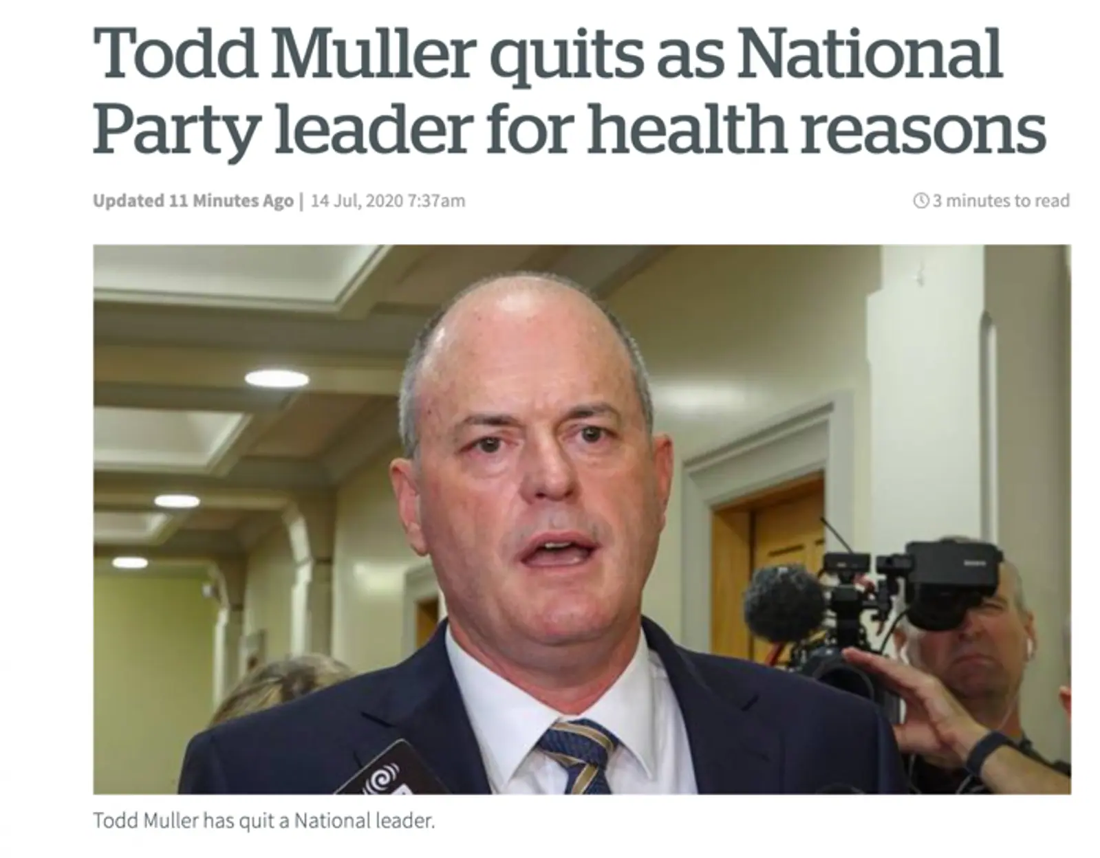 国家党Todd Muller今早突然宣布辞去党魁职务 距离大选只有67天