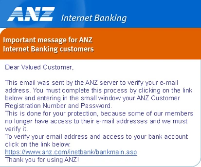 新西兰出现冒充ANZ银行诈骗邮件