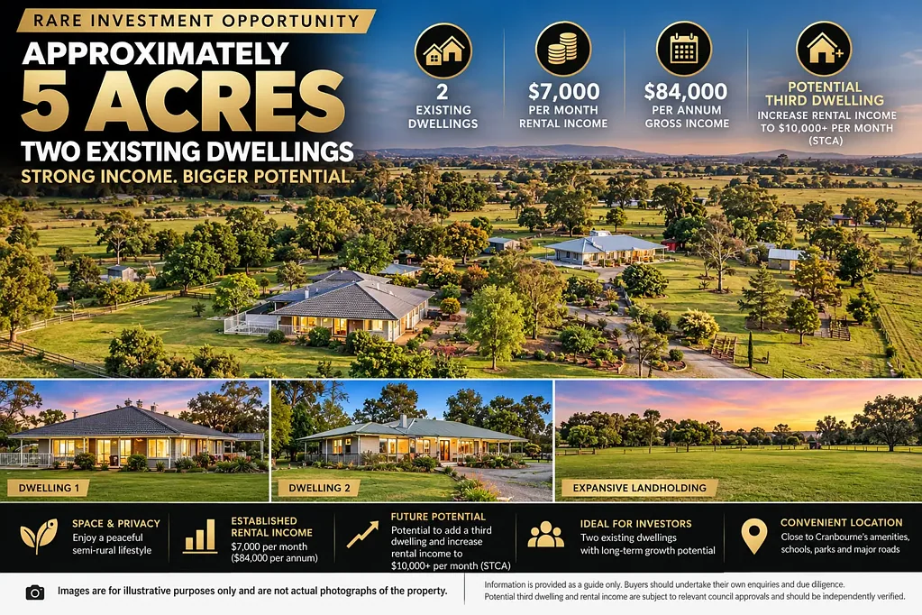 Cranbourne South 9Kwarto RARE 5-ACRE INVESTMENT OPPORTUNITY – TWO DWELLINGS GENERATING $84,000 PER ANNUM!