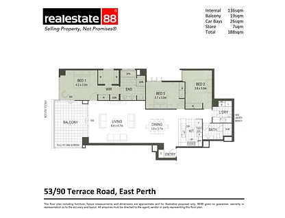 53/90 Terrace Road, East Perth, Perth CBD, 3 غرف, 2 حمامات, Apartment