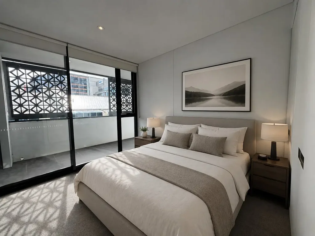 Modern 1-bedroom, Bathroom, open plan living with floorboards, Ducted AC & large private covered balcony.