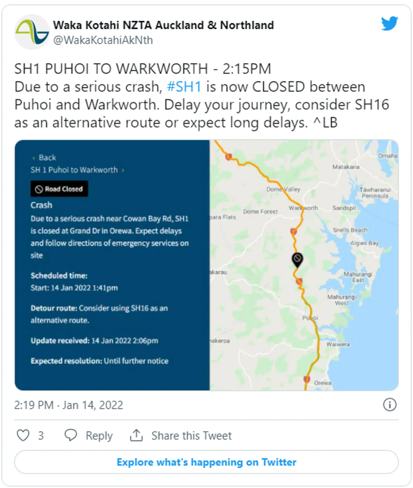 五伤一危殆，道路已封闭，奥克兰北岸一号高速发生严重车祸