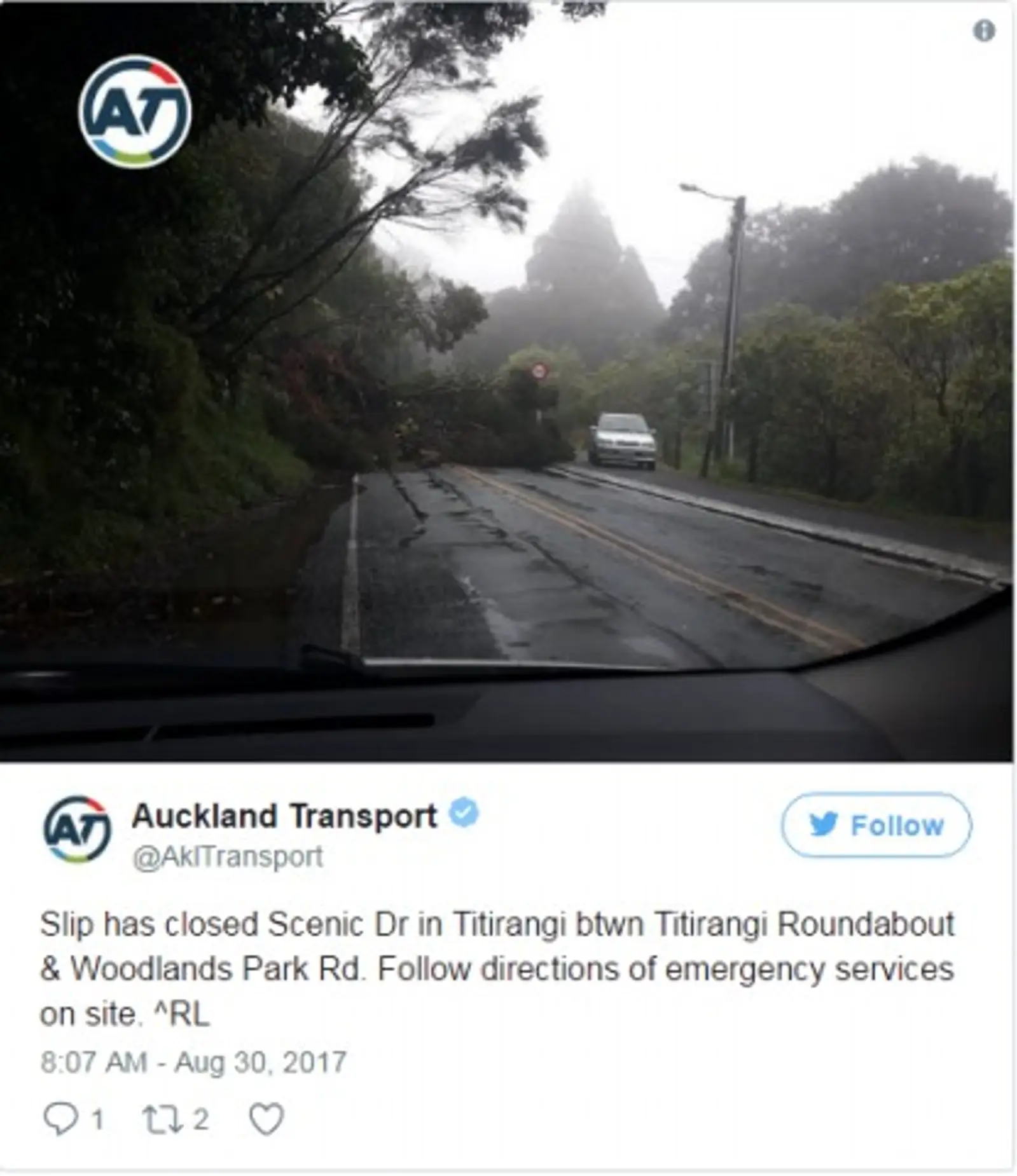 奥克兰今晨遭遇暴雨袭击 Waitakere山脉一主干道出现山体滑坡