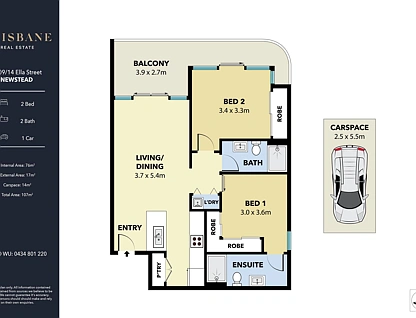 1109/14 Ella Street, Newstead, Brisbane - Inner City Region, 2 Schlafzimmer, 2 Badezimmer, Apartment