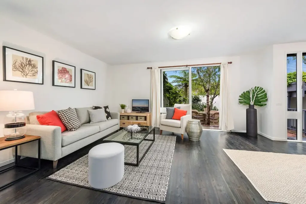 Private townhouse with own street entry, harbour vistas and wrap around courtyard