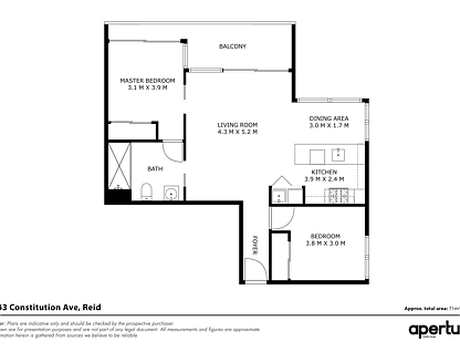 17/43 Constitution Avenue, Reid, Inner North, 2 ਕਮਰੇ, 1 ਬਾਥਰੂਮ, Apartment