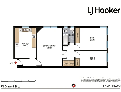 5/4 Ormond Street, Bondi Beach, Eastern Suburbs, 2 Bedrooms, 1 Bathrooms, Apartment