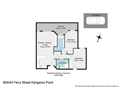 604/44 Ferry Street, Kangaroo Point, Brisbane - Eastern Region, 2 Bedrooms, 2 Bathrooms, Apartment
