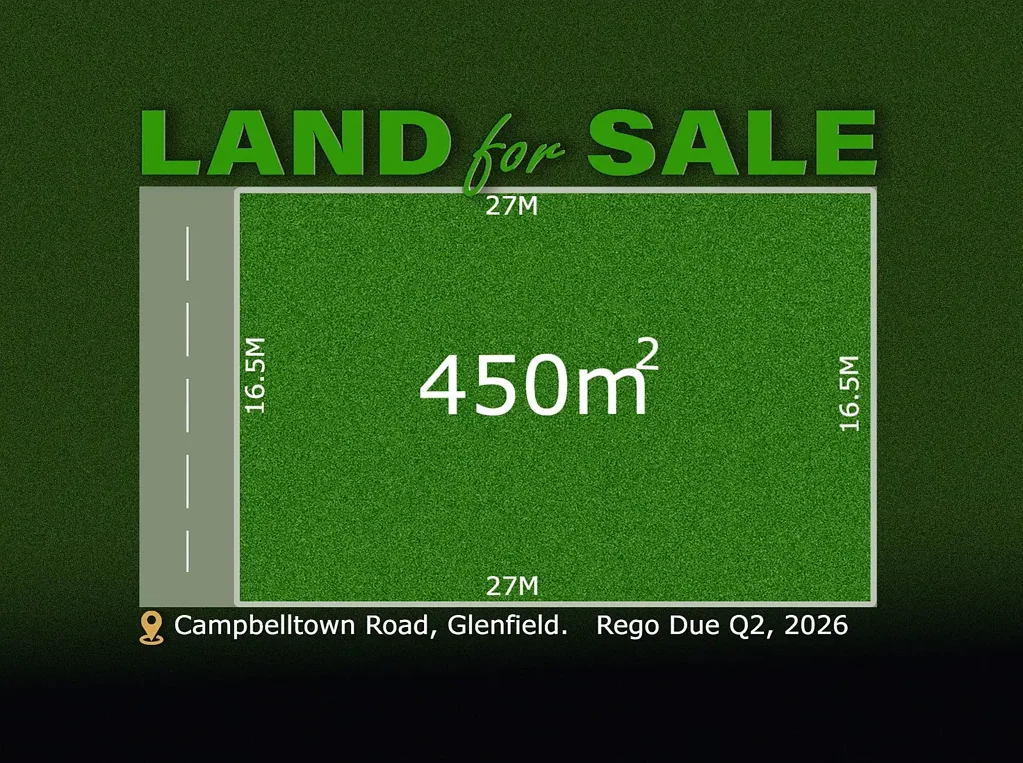 Glenfield Campbelltown路临街宽16.5m 450m2地块 蓬勃发展社区 现代生活便捷 Q2 2026 Rego!!
Land for Sale in Campbelltown Road, Glenfield NSW 2167