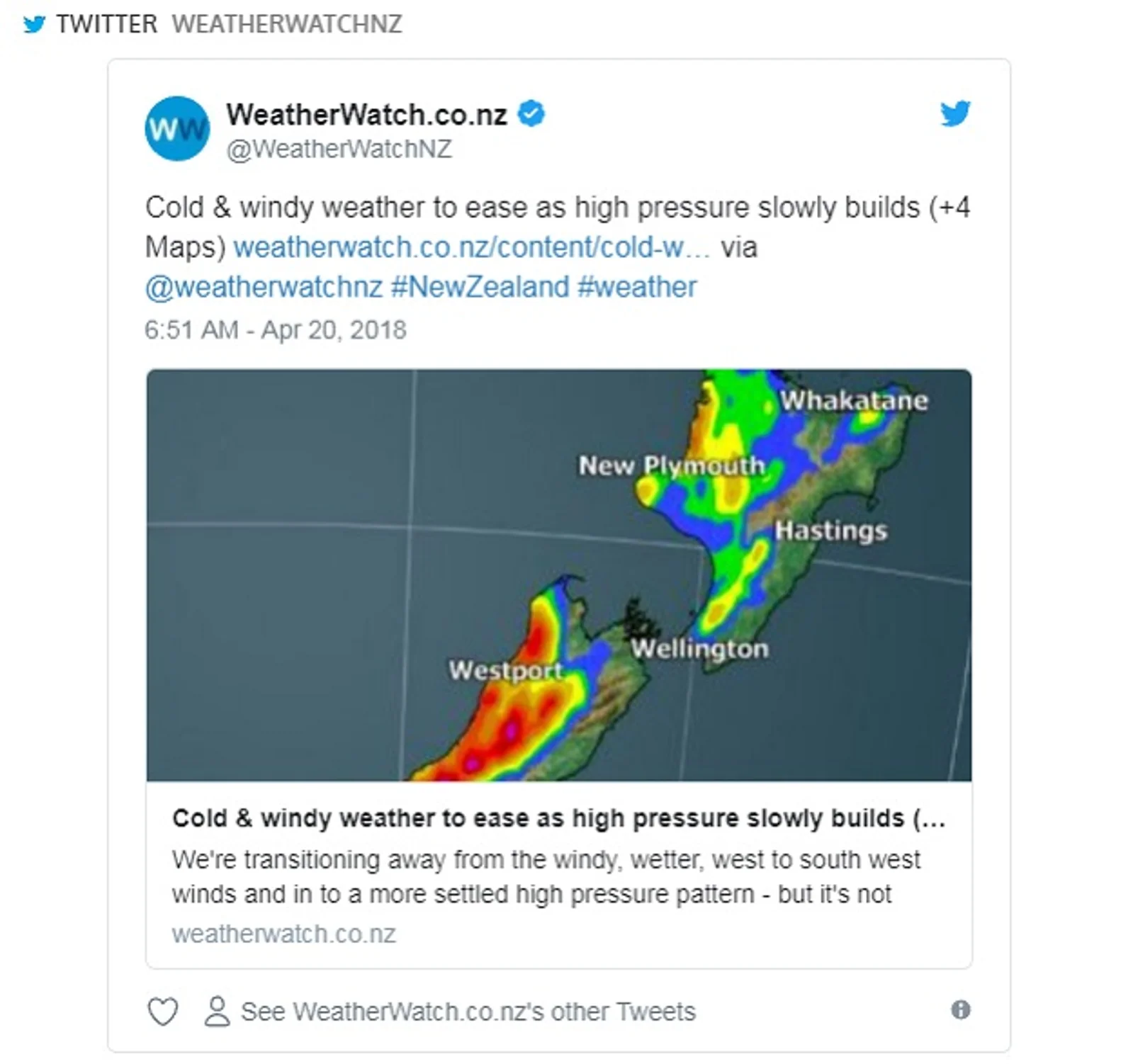 新西兰接下来降温下雨刮大风，户外活动多加注意！