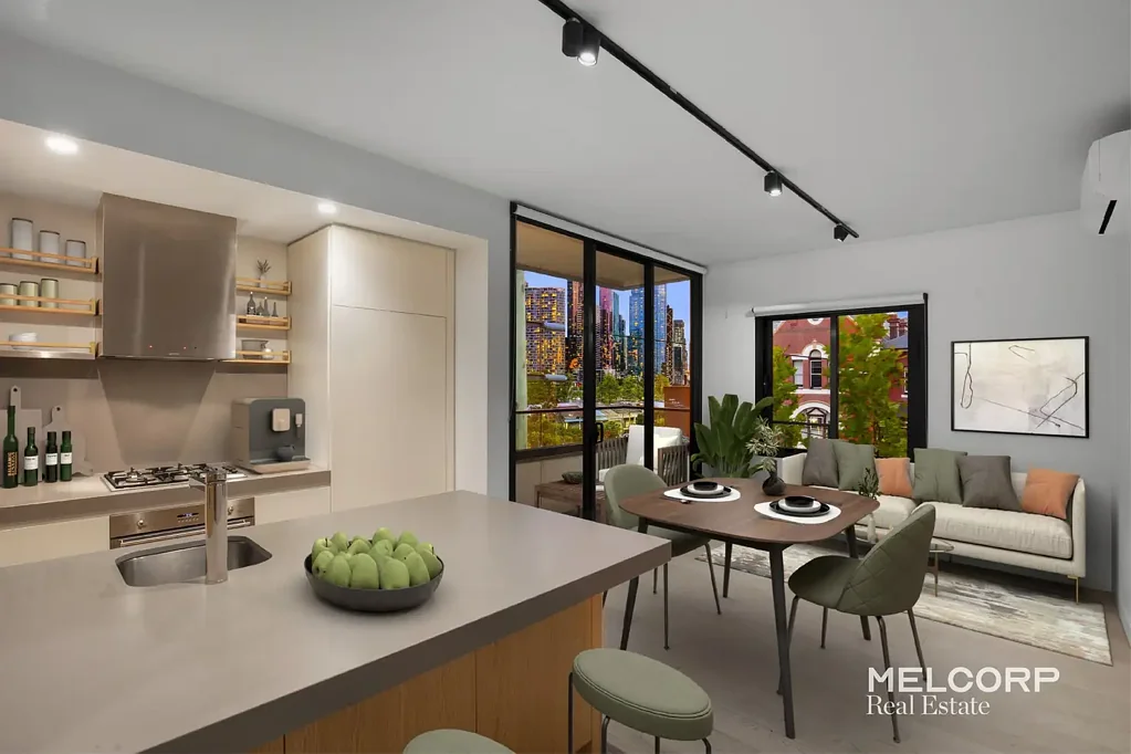 North Melbourne 1房 Assembly精品设计 顶级Smeg电器 石质台面吧台 城市天际线景观 私人遮盖露台 学区核心位置 步行生活便利 Premium home in the heart of North Melbourne