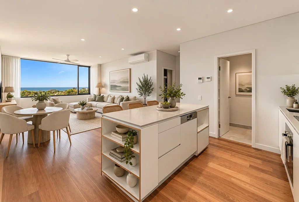 Light filled apartment with sunny balcony, leafy outlook and ocean views