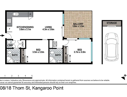 308/18 Thorn Street, Kangaroo Point, Brisbane - Eastern Region, 2 rūma, 2 rūma horoi, Apartment
