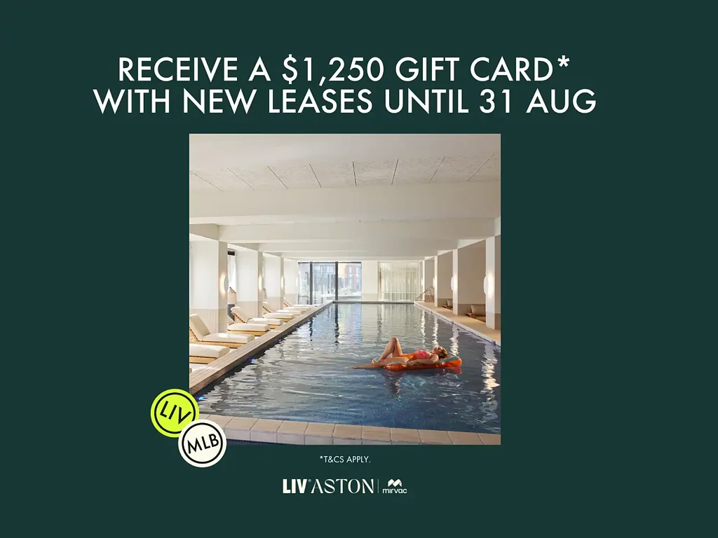 Two-bed apartment with master suite integrating a study & resort-style amenities | Receive a $1,250 Gift Card* until 31 Aug | Leases from 3+ months