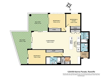 1204/99 Marine Parade, Redcliffe, Brisbane - Northern Region , 3 રૂમ, 2 બાથરૂમ, Apartment