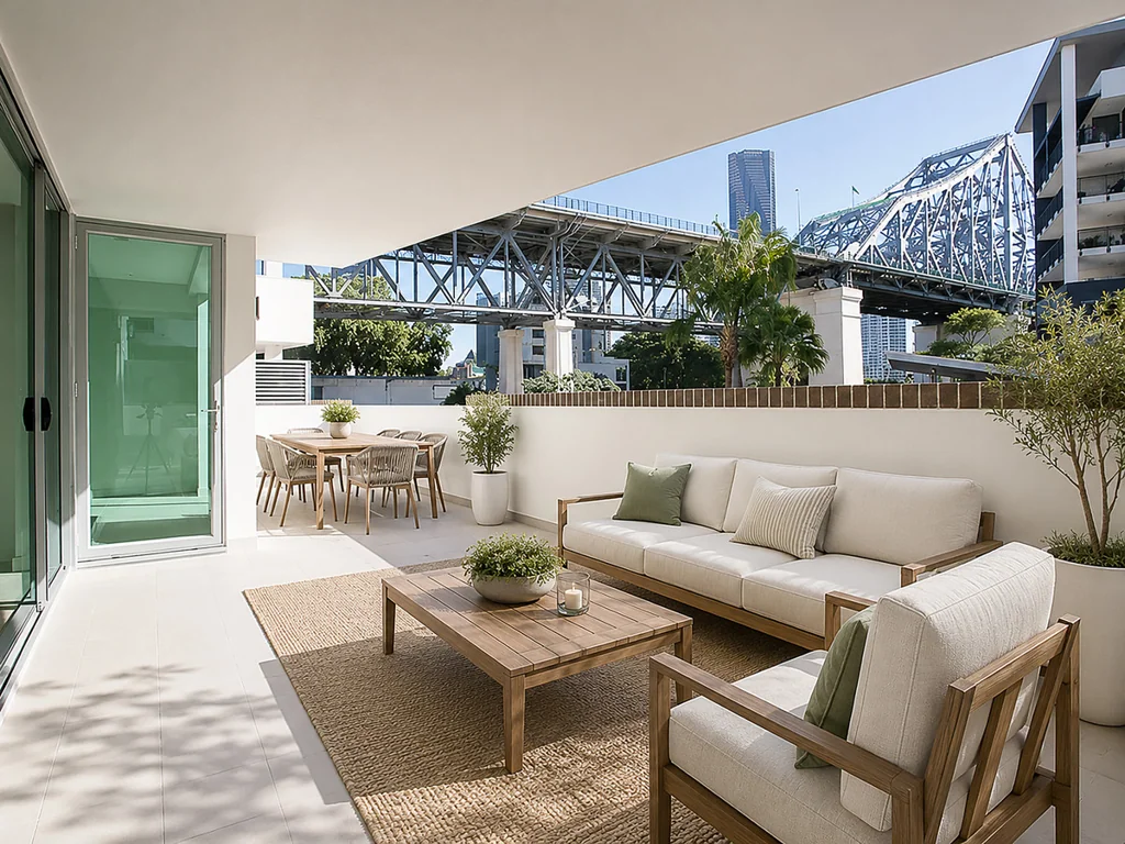 Kangaroo Point 2房 历史保护区 朝北阳台 优质电器 Story Bridge景观 现代厨房 开放式布局 度假村设施 无边泳池 健身房 河滨生活 Sophisticated Riverside Living in Promontory at Yungaba