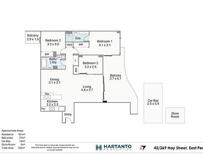 42/259-269 Hay Street, East Perth, Perth CBD, 3 Kuwarto, 2 Banyo, Apartment