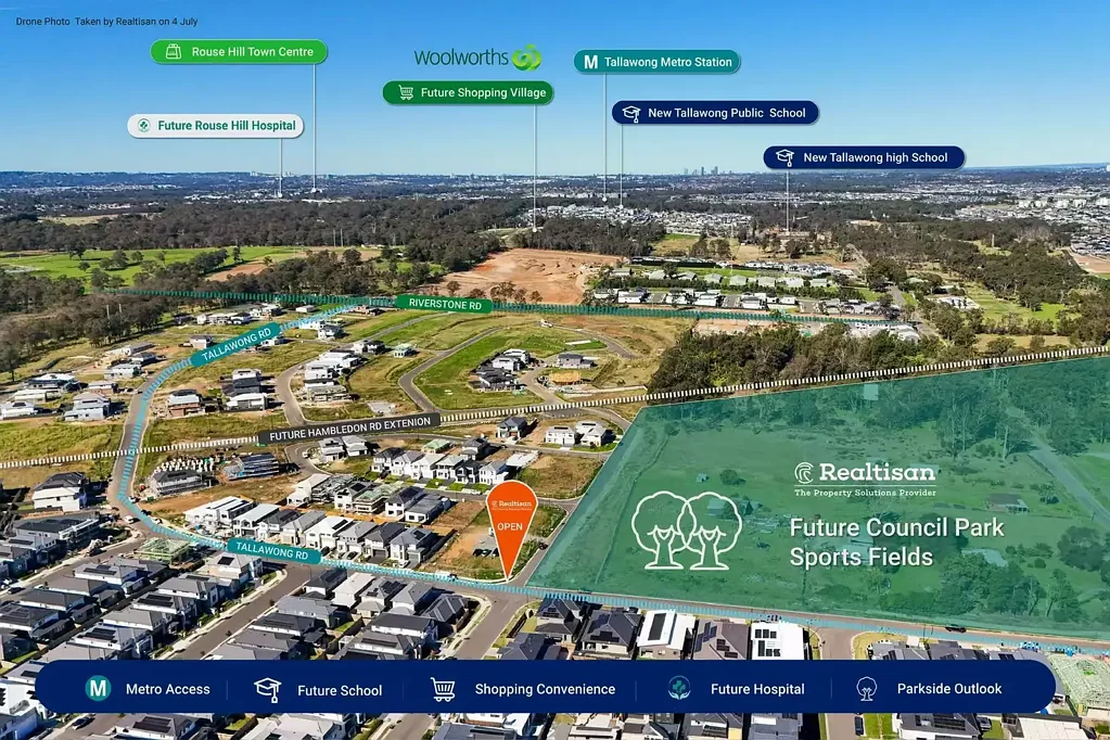 Rouse Hill 高地景观视野 俯瞰Blue Mountains 平坦易建土地 280m²至350m²地块 灵活建房选择 社区便利设施 步行公园公交 Purchase registered land in Rouse Hill today - fully titled, ready to build now. No waiting. No delays. Just your vision, your timeline, your home.