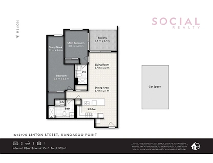 1012/95 Linton Street, Kangaroo Point, Brisbane - Eastern Region, 2部屋, 2バスルーム, Apartment