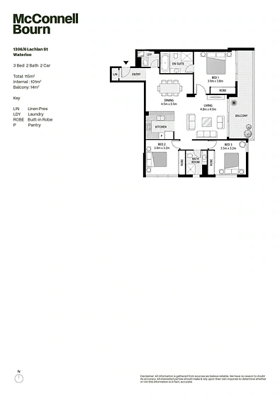 1306/6 Lachlan Street, Waterloo, NSW 2017, 3 Schlafzimmer, 2 Badezimmer, Apartment