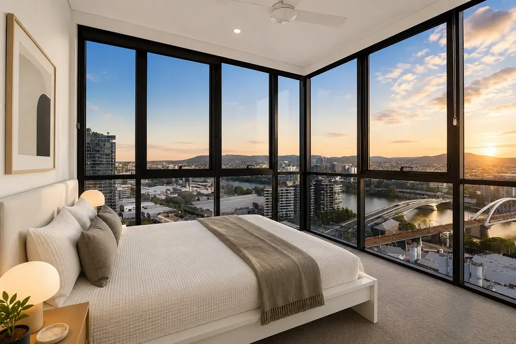 South Brisbane 2房 23楼北角位置 自然采光充沛 河流城市山脉全景视野 开放式宽敞起居空间 即刻空置入住 中心地段生活便利 Elevated Corner Position with Uninterrupted River & Mountain Views!
