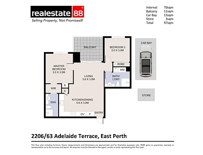 2206/63 Adelaide Terrace, East Perth, Perth CBD, 2 phòng ngủ, 2 phòng tắm, Apartment
