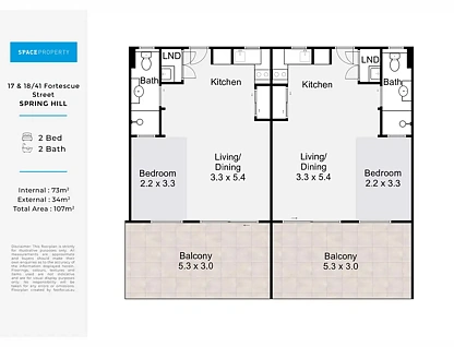 17 & 18/41 Fortescue Street, Spring Hill, QLD 4000, 2 ਕਮਰੇ, 2 ਬਾਥਰੂਮ, Apartment