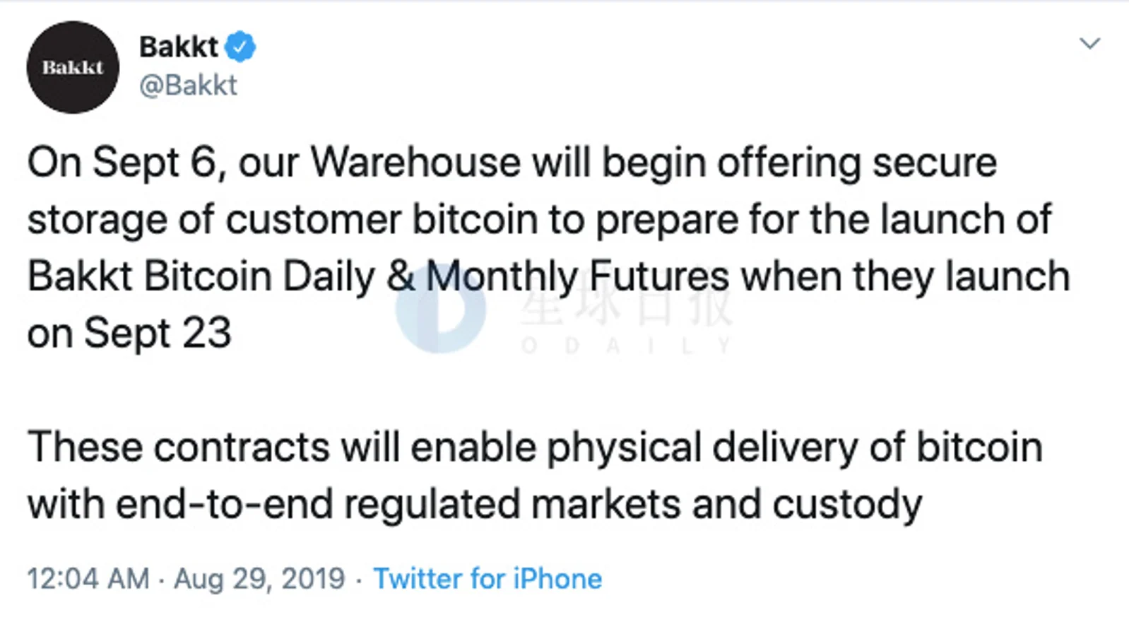 Bakkt Warehouse将于9月6日开始提供比特币安全存储服务；币安推出开发者平台Binance X