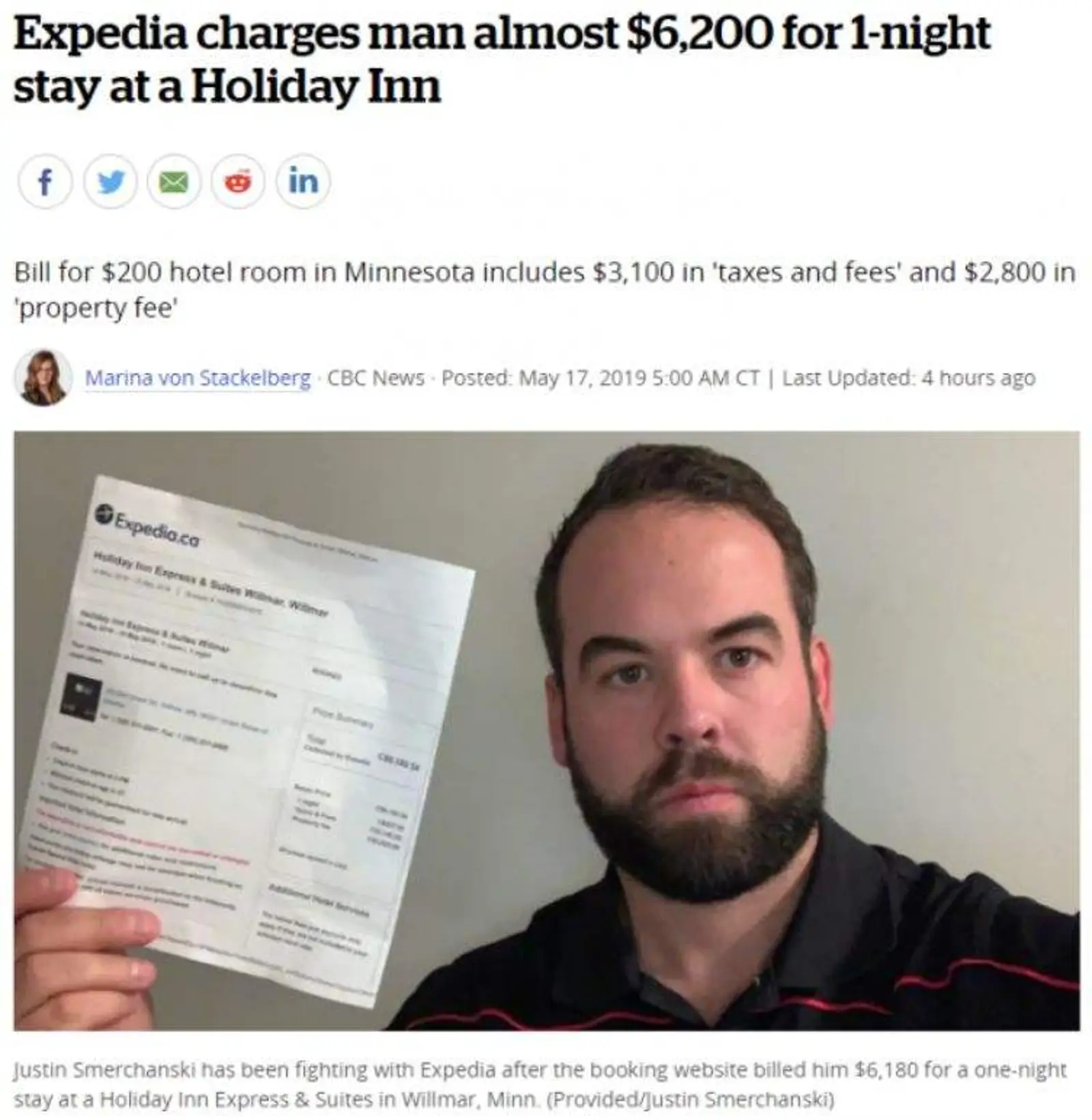 惊了!加拿大男子在Expedia官网订快捷酒店,住一晚收$6200!