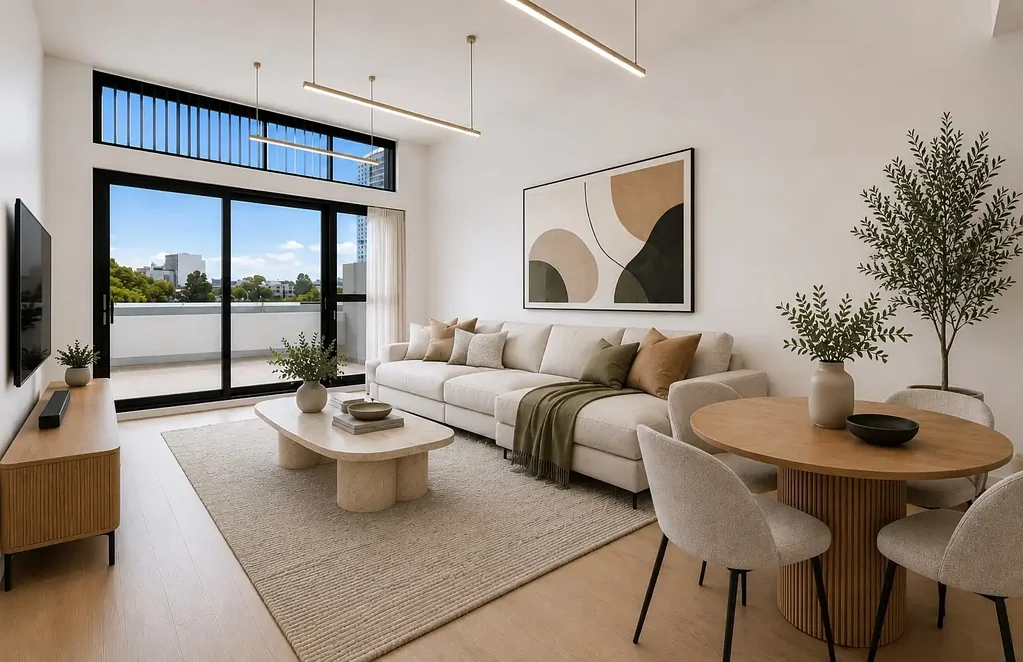 Rare top-floor penthouse with wrap-around balcony.