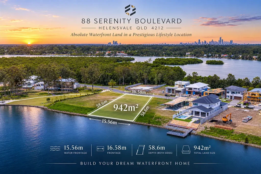 Helensvale Private 4212 living at its absolute, north facing waterfront block of land ready to build