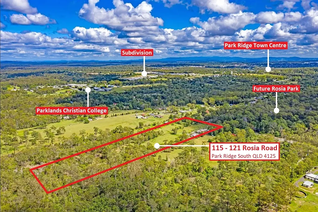 Park Ridge South 5房 昆士兰东南旺地，Rosia公园旁，低密度奢居，11英亩矩形地块，步行至教堂，车程短至镇中心，教育资源丰富。5卧泳池砖房，开发潜力无限。敬请把握，速询！ 11 Acres Zoned Residential Development in Park Ridge South Master Plan