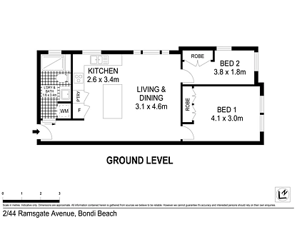 2/44 Ramsgate Avenue, Bondi Beach, Eastern Suburbs, 2 कमरे, 1 बाथरूम, Apartment